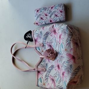 Imoshionusa vegan handbag with matching wallet new pink flowers